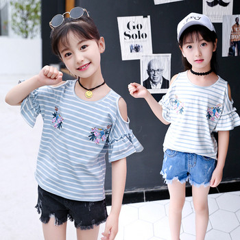 Ежедневна детска блуза за момичета в син и бял цвят с бродерия
