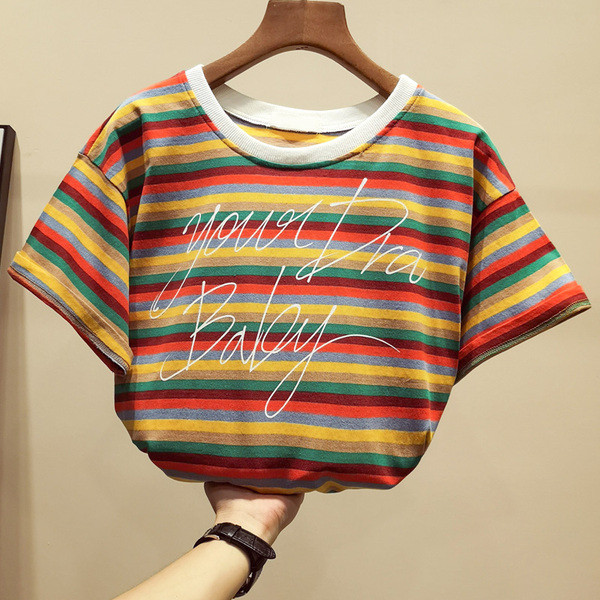 Csíkos női póló két színben felirattal