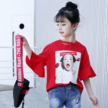 Модерна детска блуза за момичета с къс ръкав и щампа