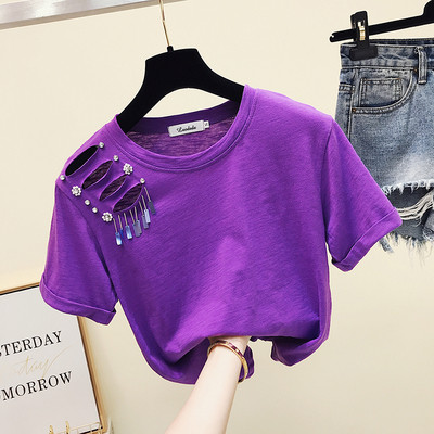 Női póló szakadt motívumokkal, gyöngyökkel több színben