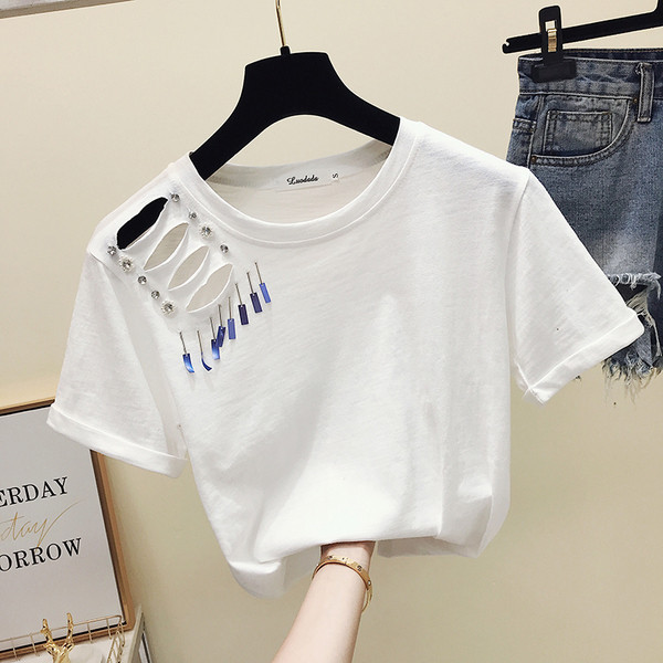 Női póló szakadt motívumokkal, gyöngyökkel több színben