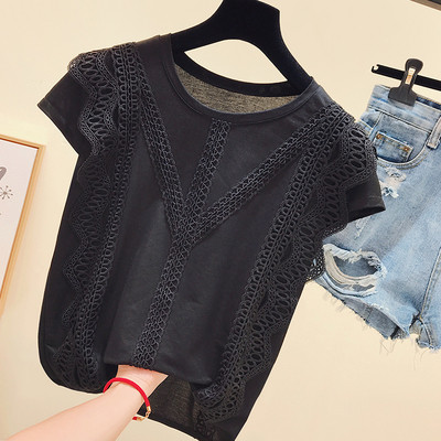 Bluză de damă elegantă cu mâneci scurte și dantelă alb-negru