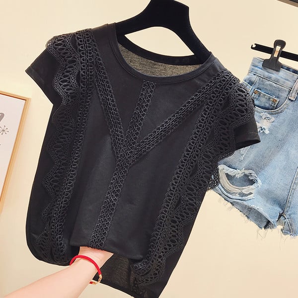 Bluză de damă elegantă cu mâneci scurte și dantelă alb-negru