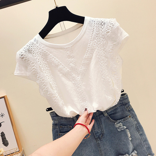 Bluză de damă elegantă cu mâneci scurte și dantelă alb-negru