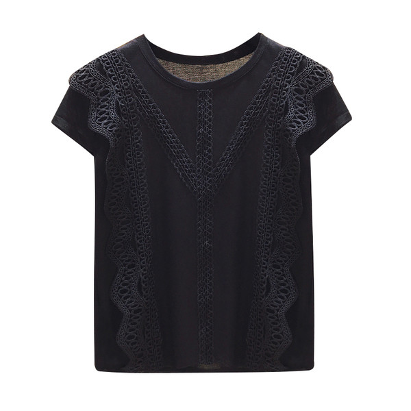 Bluză de damă elegantă cu mâneci scurte și dantelă alb-negru
