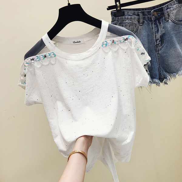 Tricou de dama model nou cu elemente transparente si margele in mai multe culori