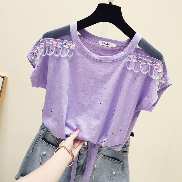 Tricou de dama model nou cu elemente transparente si margele in mai multe culori