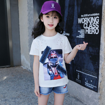 Καθημερινή παιδική μπλούζα με εφαρμογή και κοντό μανίκι για κορίτσια