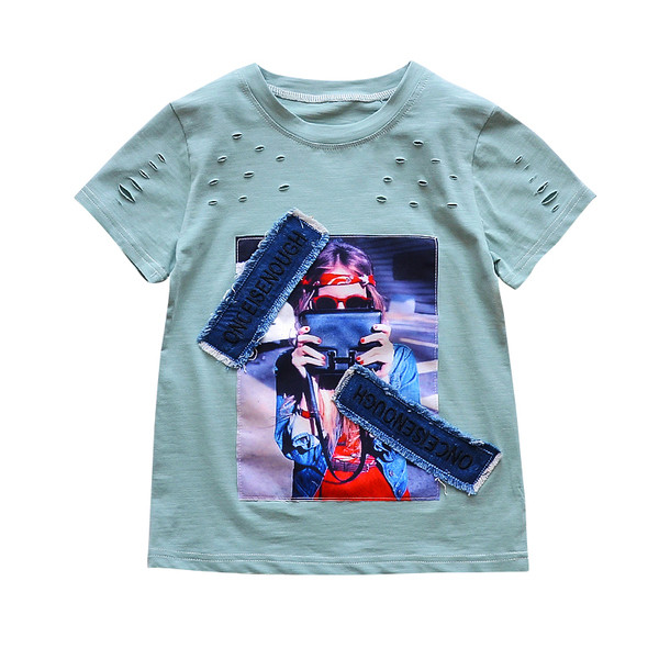 Alkalmi gyerek blúz rátéttel és rövid ujjú lányoknak