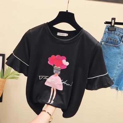 Fekete, fehér és rózsaszín rátéttel ellátott női póló