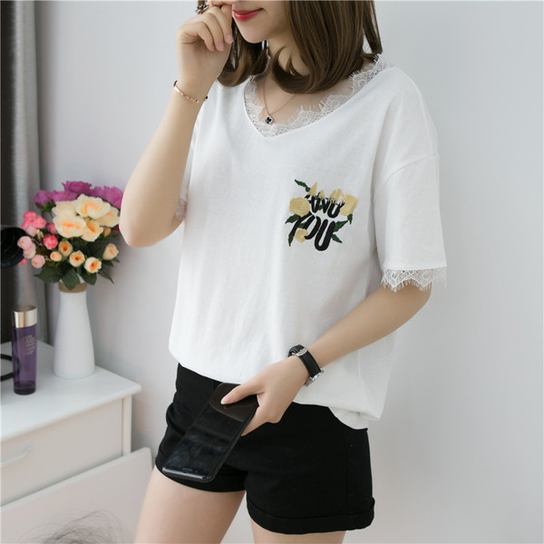 Tricou casual dama cu dantela si broderie alb-negru