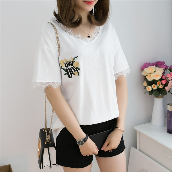 Tricou casual dama cu dantela si broderie alb-negru