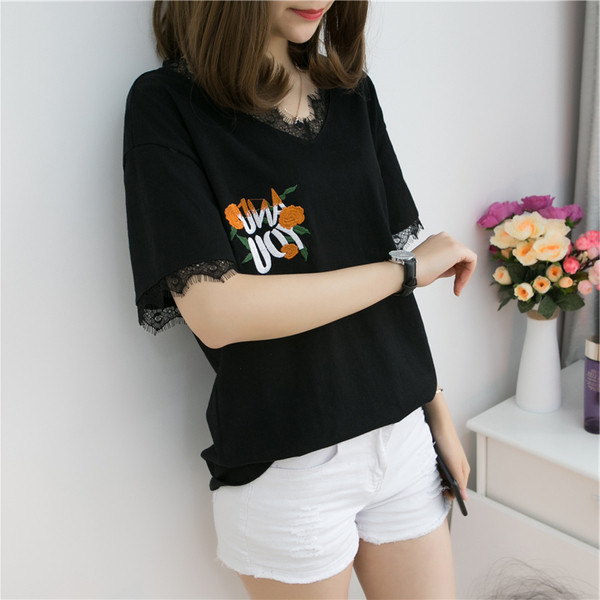 Tricou casual dama cu dantela si broderie alb-negru