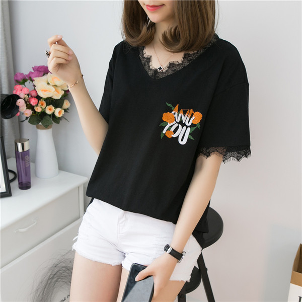 Tricou casual dama cu dantela si broderie alb-negru