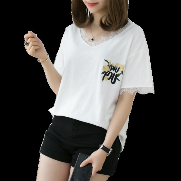 Tricou casual dama cu dantela si broderie alb-negru