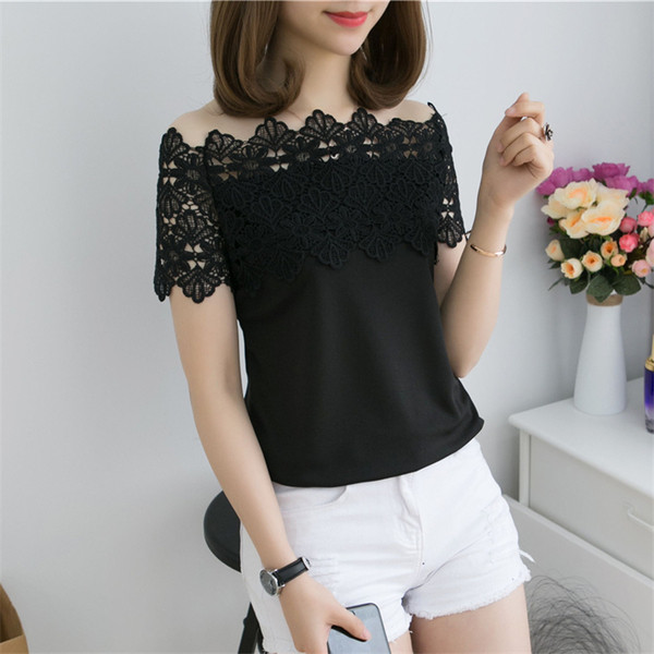 Stílusos női póló fekete-fehér csipkével