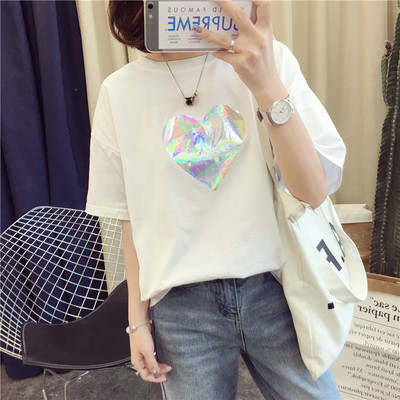 Tricou casual dama cu aplicatie in alb si rosu