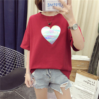 Tricou casual dama cu aplicatie in alb si rosu