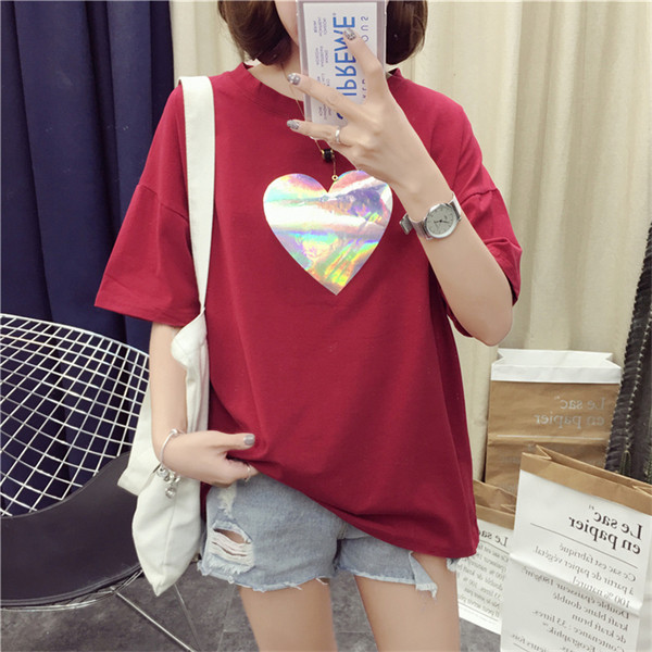 Tricou casual dama cu aplicatie in alb si rosu