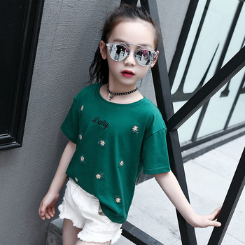 Μοντέρνα παιδική μπλούζα με κοντό μανίκι για τα κορίτσια σε δύο χρώματα με κεντήματα