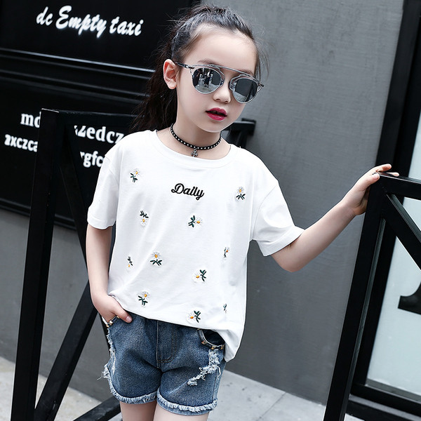 Bluza moderna pentru copii cu maneca scurta pentru fete in doua culori cu broderie