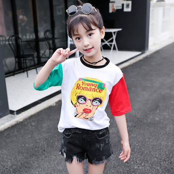 Детска блуза за момичета с къс ръкав и цветна апликация