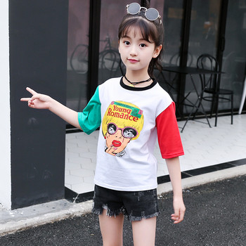 Детска блуза за момичета с къс ръкав и цветна апликация