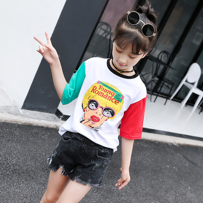 Gyerek blúz lányoknak rövid ujjal, színes rátéttel