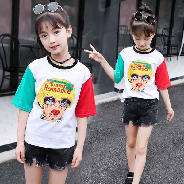 Gyerek blúz lányoknak rövid ujjal, színes rátéttel