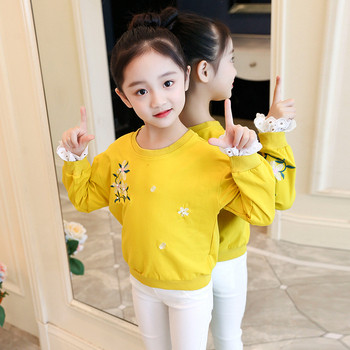 Модерна детска блуза в розов и жълт цвят с дълъг ръкав и бродерия