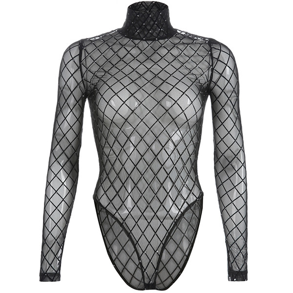 Διαφανή  γυναικείο κορμάκι με ψηλό κολάρο σε μαύρο χρώμα