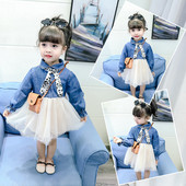 Μοντέρνο παιδικό φόρεμα με ύφασμα denim με μακρύ μανίκι