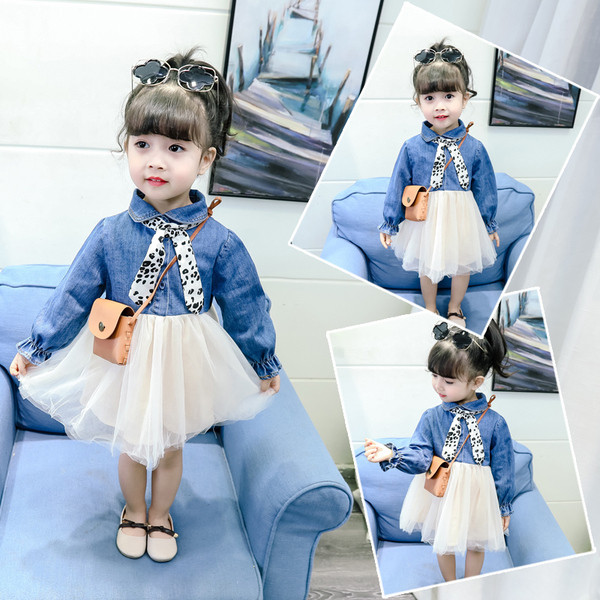 Μοντέρνο παιδικό φόρεμα με ύφασμα denim με μακρύ μανίκι