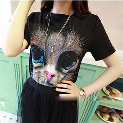 Alkalmi női póló színes rátéttel - fekete-fehér macska