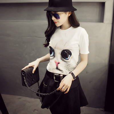 Alkalmi női póló színes rátéttel - fekete-fehér macska