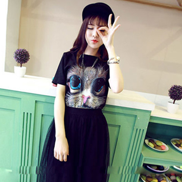 Alkalmi női póló színes rátéttel - fekete-fehér macska