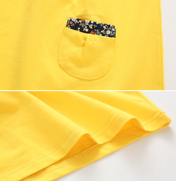 Alkalmi gyerekruha pántokkal és zsebbel sárga színben