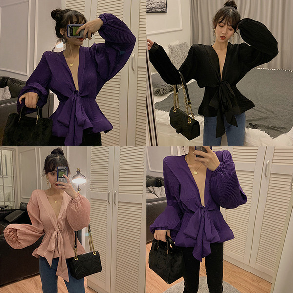 Bluză de damă modernă cu mâneci largi și decolteu în V în mai multe culori