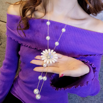 Women`s long necklace with decorative stones and pearls