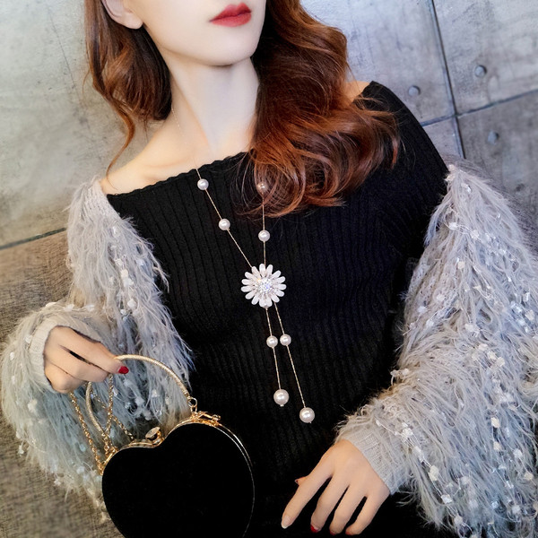 Colier lung de dama cu pietre decorative si perle