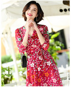 Γυναικείο κόκκινο φόρεμα με λουλούδια και μακριά μανίκια