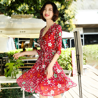 Γυναικείο κόκκινο φόρεμα με λουλούδια και μακριά μανίκια