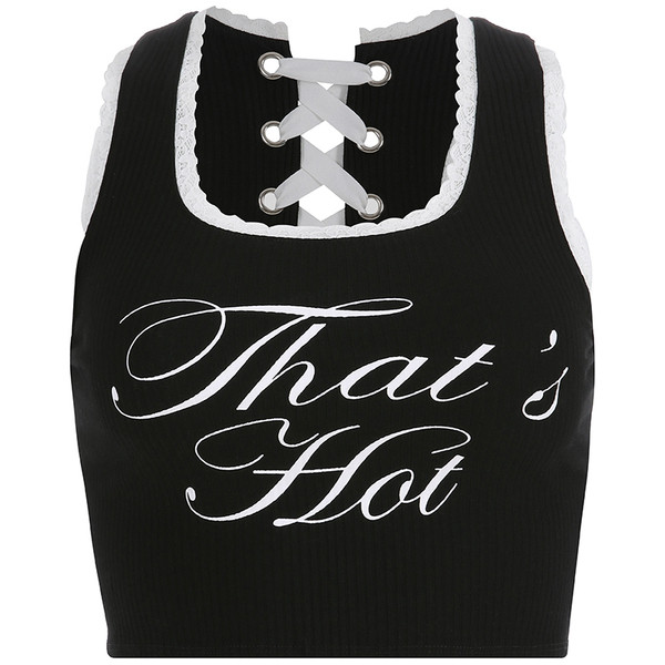 Rövid női felső, fekete felirattal és nyakkendővel