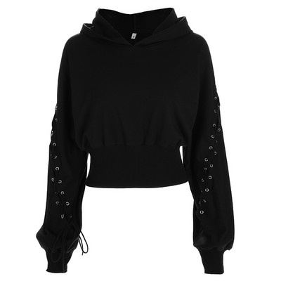 Fekete női pulóver kapucnival és nyakkendővel