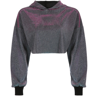 Modern, fényes női pulóver rövid modell kapucnival szürke és rózsaszín színben