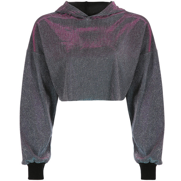 Modern, fényes női pulóver rövid modell kapucnival szürke és rózsaszín színben
