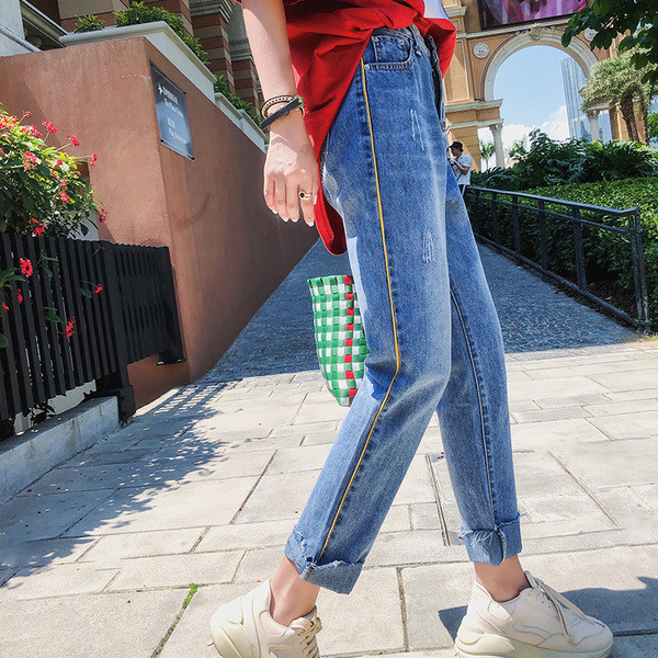 Blugi de dama moderni in albastru si talie inalta cu margini