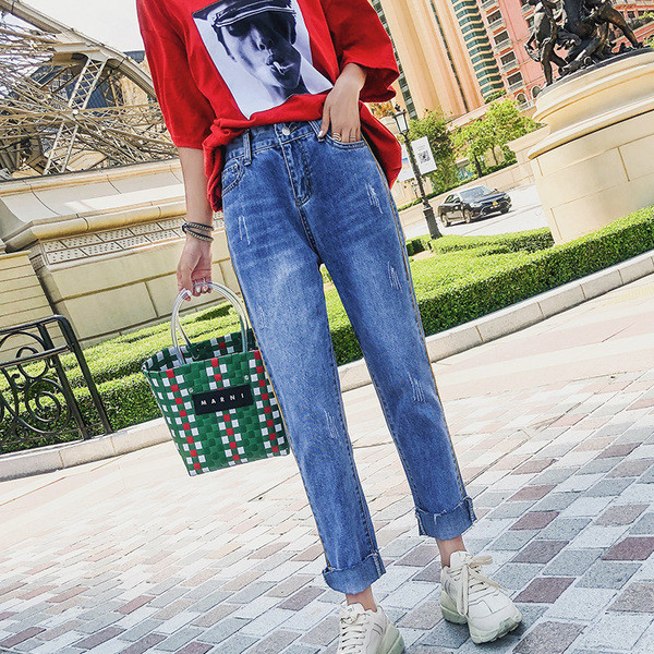 Blugi de dama moderni in albastru si talie inalta cu margini