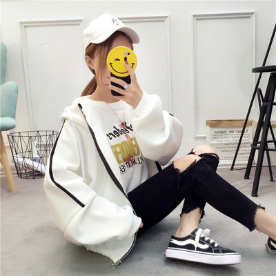 Hanorac casual de dama cu fermoar si gluga alb-negru