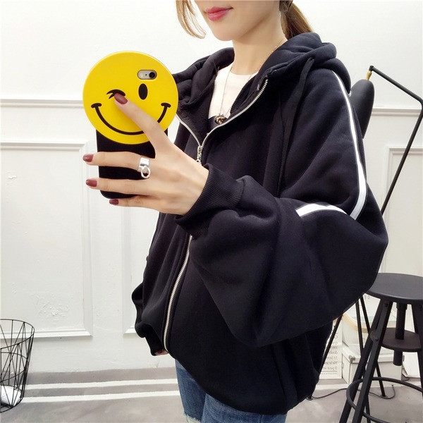 Hanorac casual de dama cu fermoar si gluga alb-negru